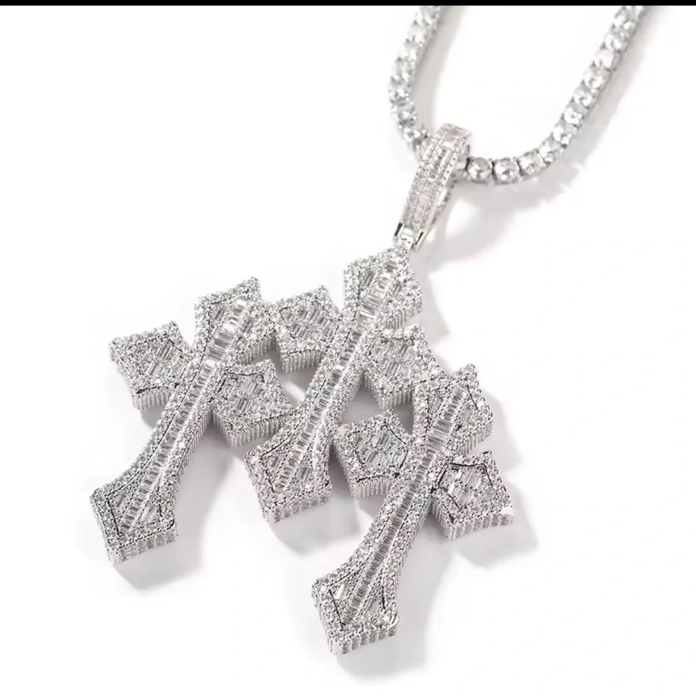 Silver Cross Trio Pendant tennis Necklace for Men 20inch